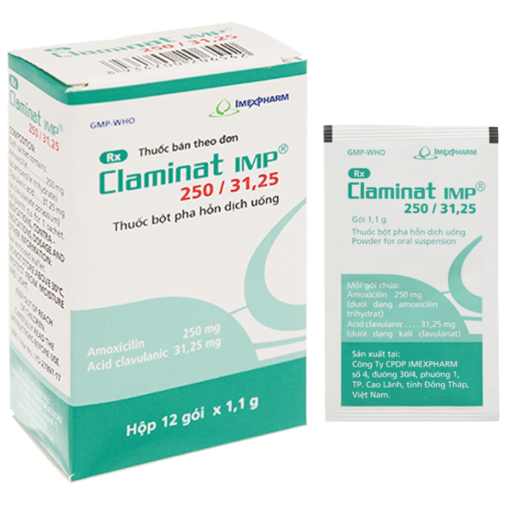 Thuốc Claminat IMP 250/31.25 điều trị nhiễm khuẩn (12 gói) 