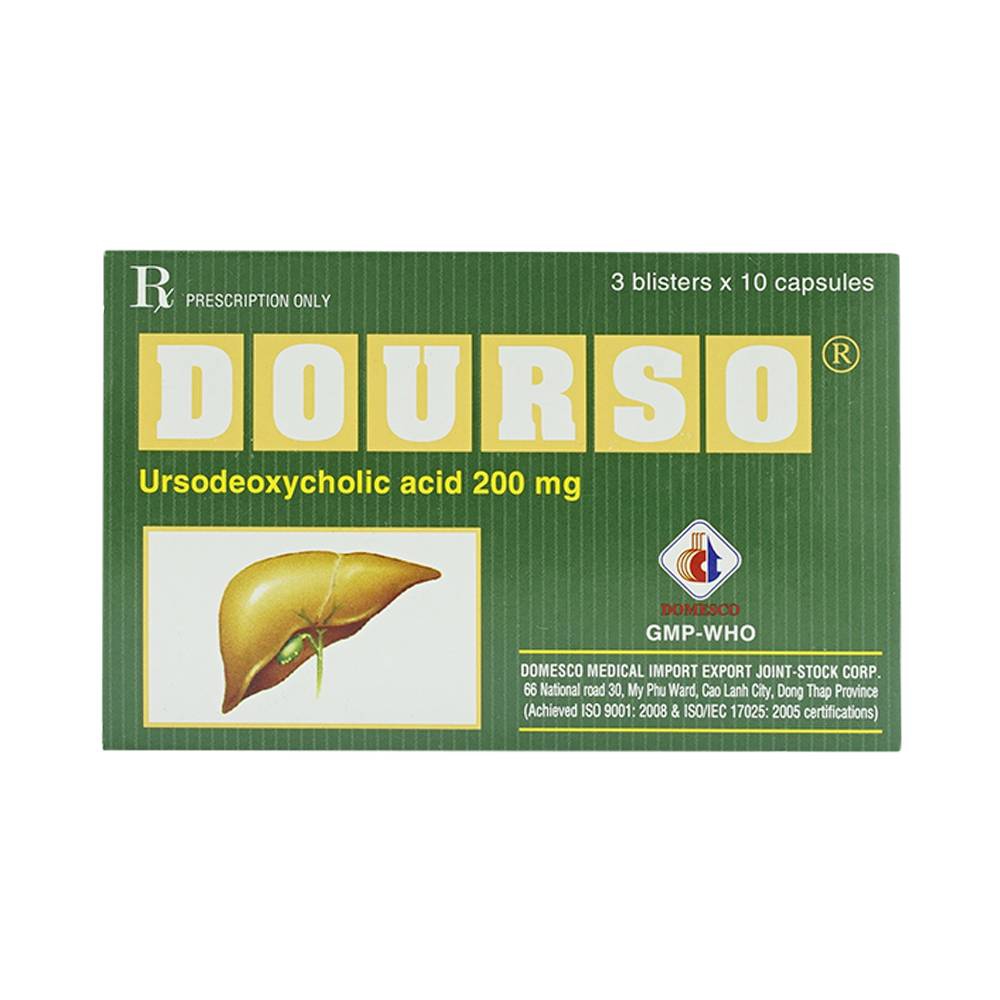 Thuốc Dourso 200mg Domesco điều trị sỏi túi mật cholesterol (3 vỉ x 10 viên)