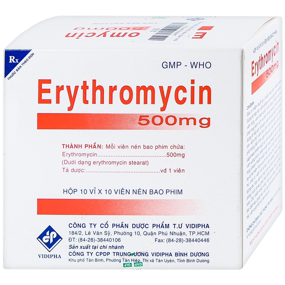 Thuốc Erythromycin 500mg Vidipha điều trị nhiễm khuẩn (10 vỉ x 10 viên)