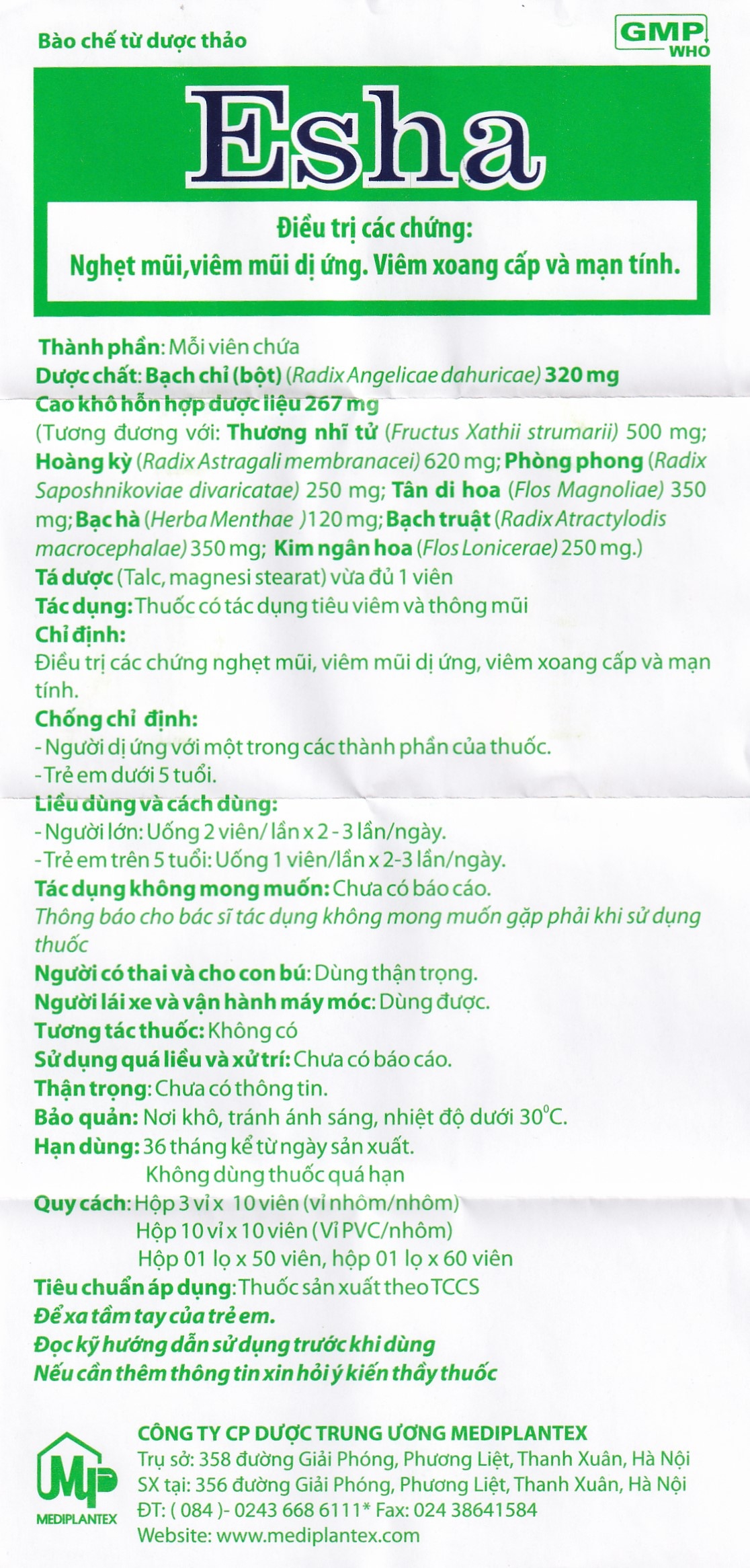 Esha Mediplantex - Thuốc hỗ trợ điều trị viêm xoang (50 viên)
