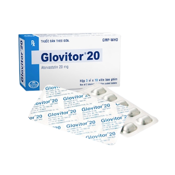 Thuốc Glovitor 20 Glomed làm giảm cholesterol, ức chế sản sinh cholesterol ở gan (3 vỉ x 10 viên)