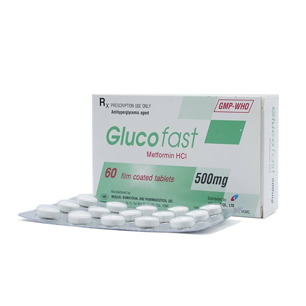 Thuốc Glucofast 500mg Mebiphar điều trị tiểu đường tuýp 2 (4 vỉ x 15 viên)