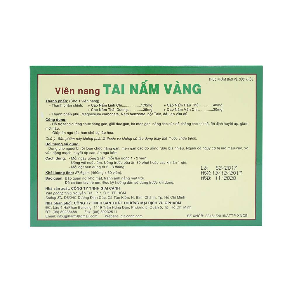 Viên nang Tai Nấm Vàng Gpharm tăng cường chức năng gan (60 viên) - Nhà  thuốc FPT Long Châu