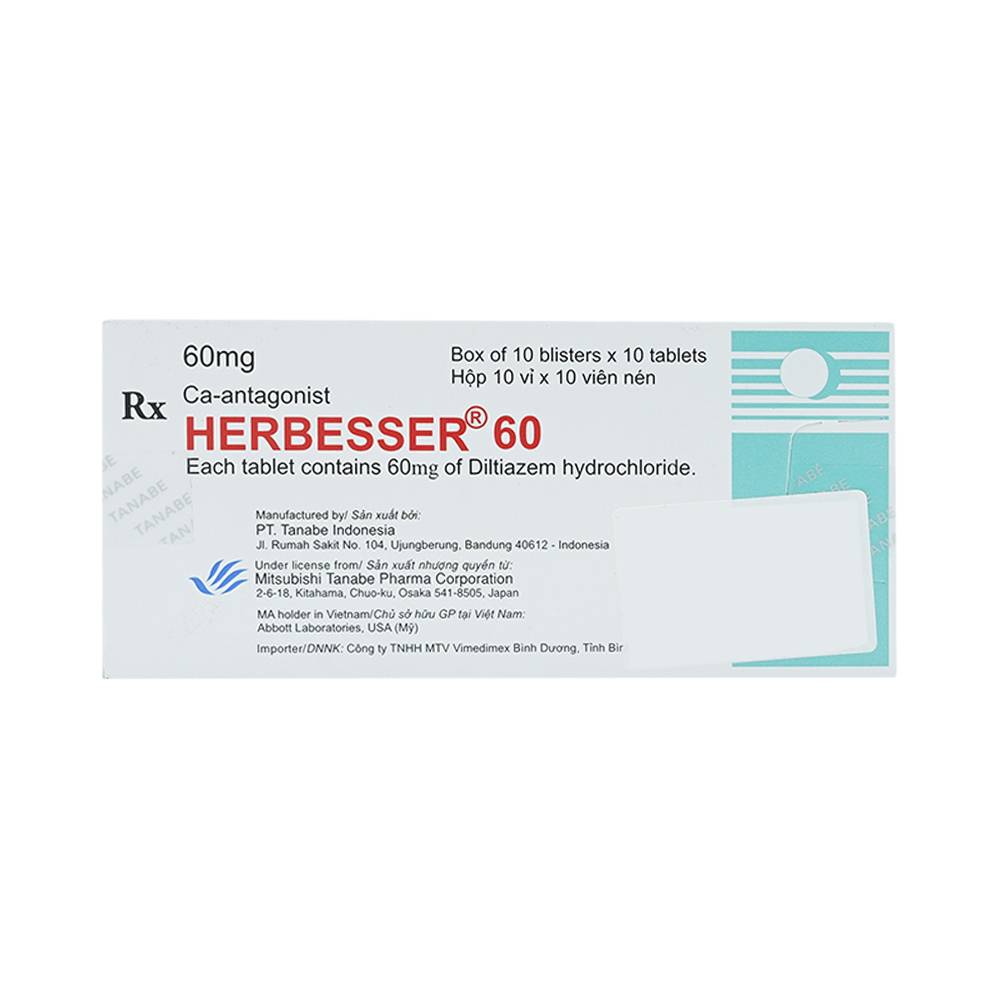 Thuốc Herbesser 60mg điều trị cao huyết áp vô căn, đau thắt ngực (10 vỉ x 10 viên)