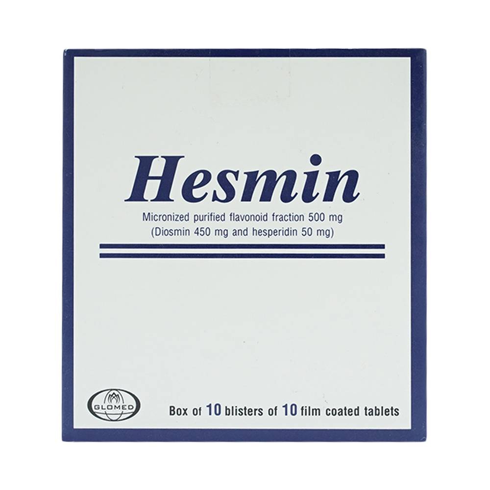 Thuốc Hesmin 500mg Glomed điều trị các triệu chứng và dấu hiệu của suy tĩnh mạch và bệnh trĩ (10 vỉ x 10 viên)