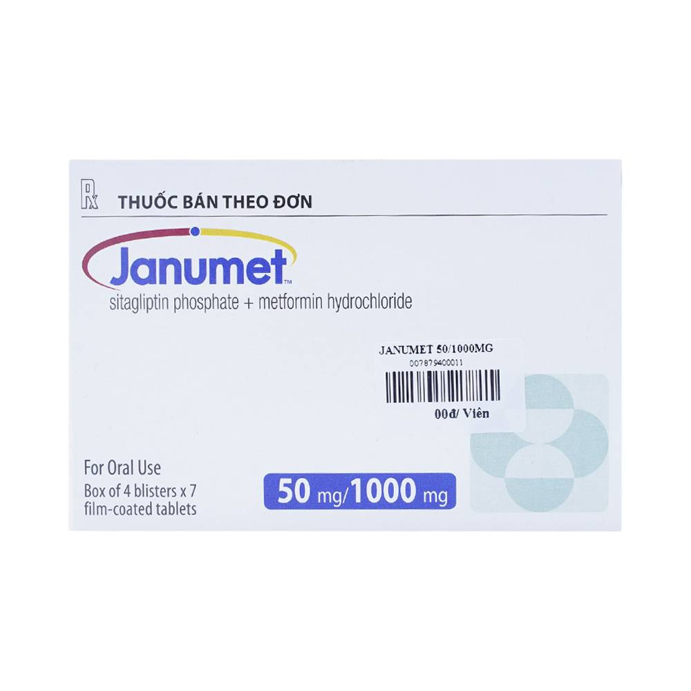 Viên nén Janumet 50mg/1000mg MSD hỗ trợ chế độ ăn kiêng, cải thiện kiểm soát đường huyết tuýp 2 (4 vỉ x 7 viên)