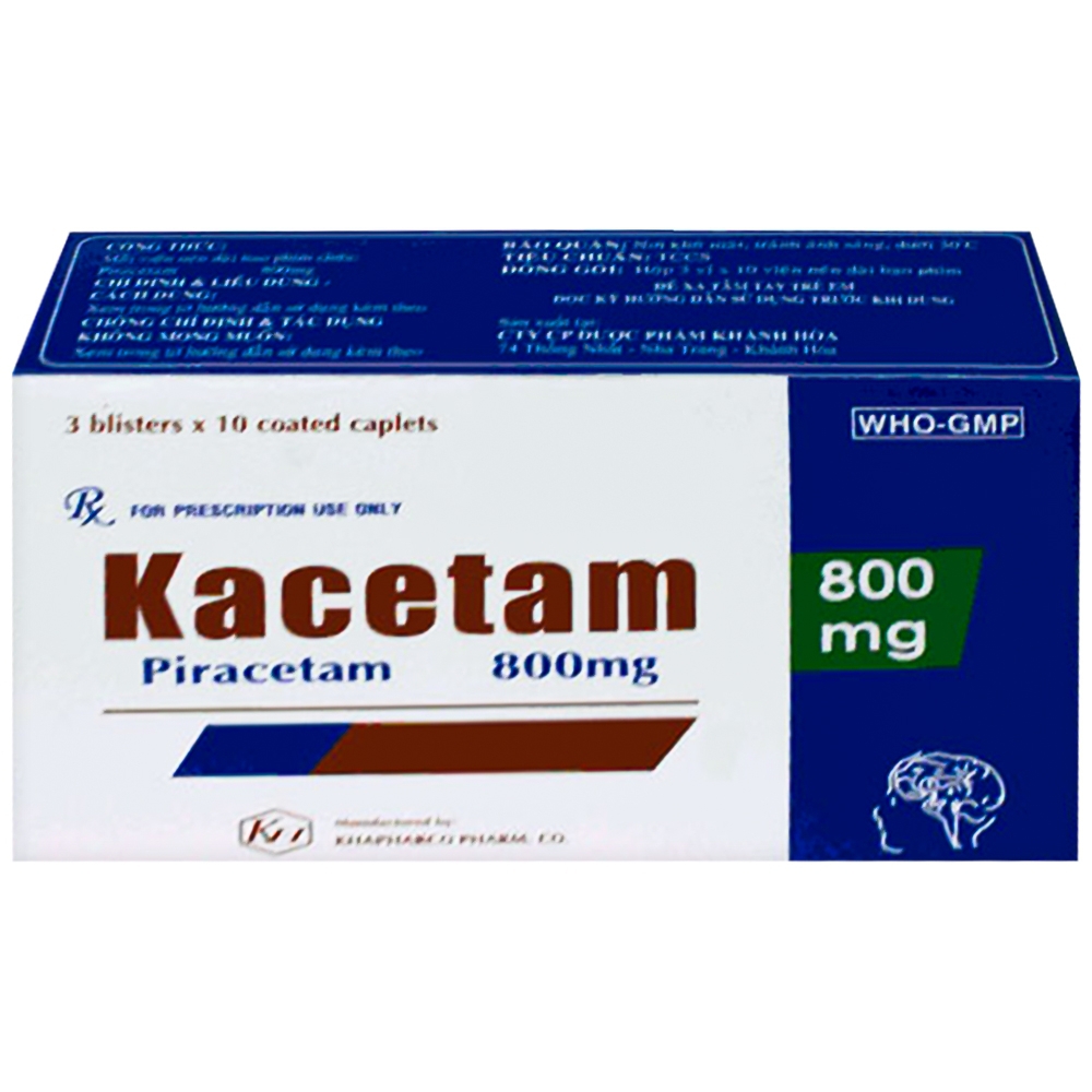 Viên nén Kacetam 800mg Khapharco điều trị rung giật cơ có nguồn gốc vỏ não, thiếu máu não (3 vỉ x 10 viên)