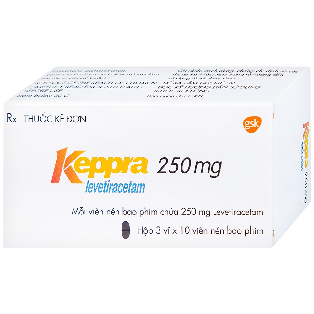 Viên nén Keppra 250mg GSK điều trị các cơn động kinh cục bộ (3 vỉ x 10 viên)