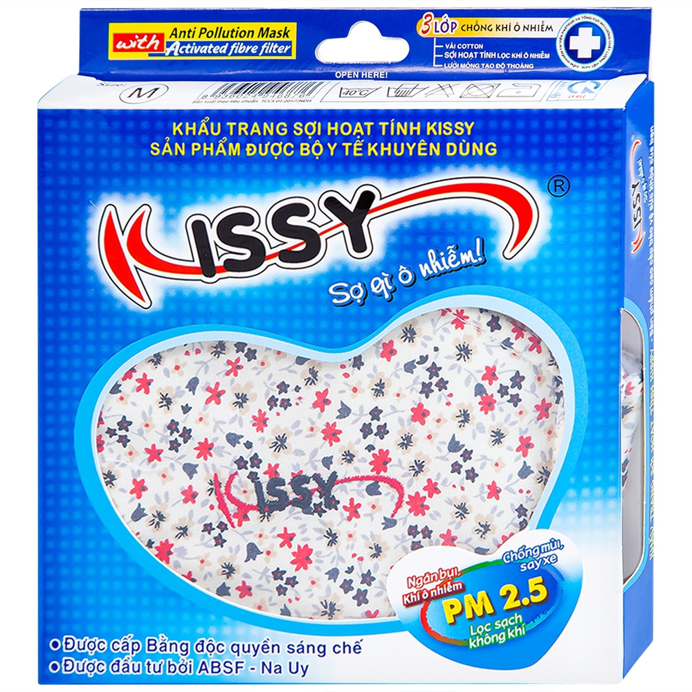 Khẩu trang sợi hoạt tính Kissy size M 3 lớp giúp lọc sạch không khí, ngăn bụi, khí ô nhiễm