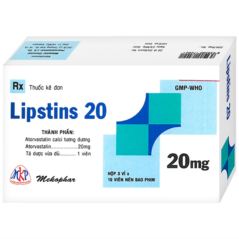 Thuốc Lipstins 20 Mekophar điều trị tăng lipid huyết và dự phòng các biến chứng tim mạch (3 vỉ x 10 viên)