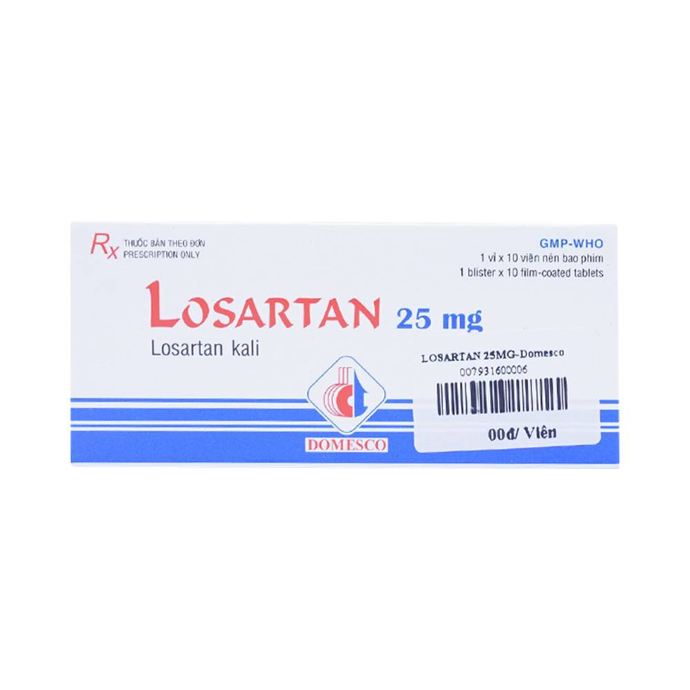 Viên nén Losartan 25mg Domesco điều trị tăng huyết áp, giảm bệnh tim mạch (1 vỉ x 10 viên)