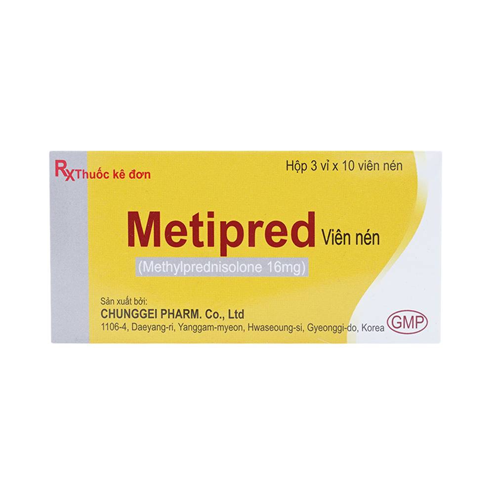 Thuốc Metipred Tablet 16mg Chunggei Pharm kháng viêm và ức chế miễn dịch (3 vỉ x 10 viên)