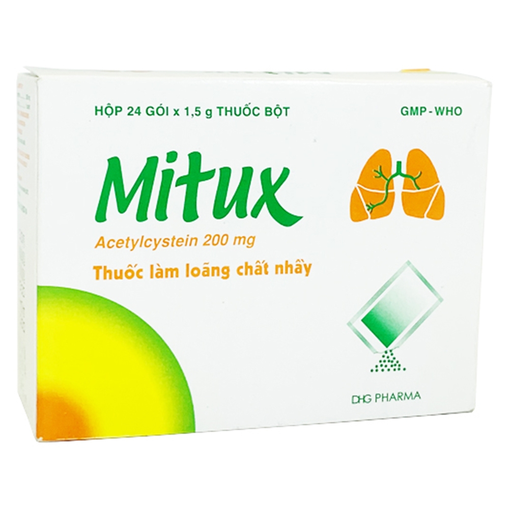 Thuốc bột uống Mitux 200mg DHG Pharma làm loãng chất nhầy đường hô hấp (24 gói x 1,5g)    	