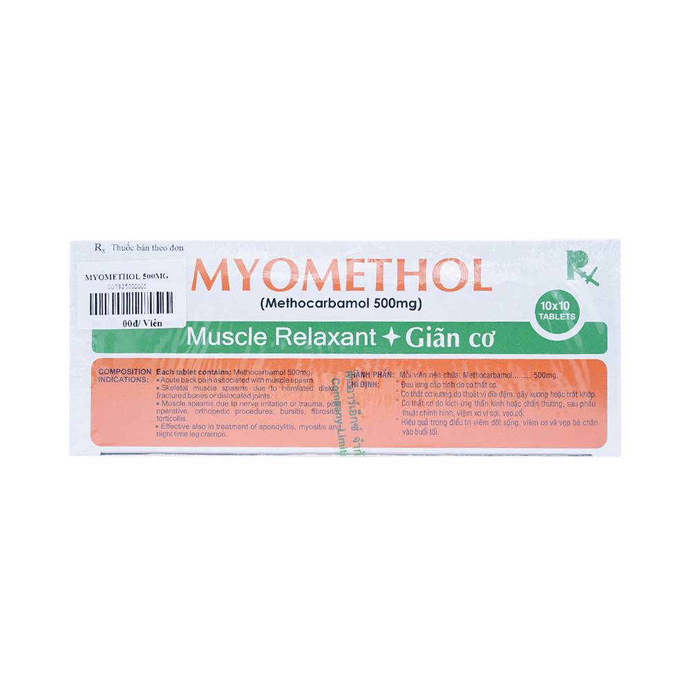 Viên nén Myomethol 500mg R.X điều trị đau lưng cấp tính do co thắt cơ (10 vỉ x 10 viên) 