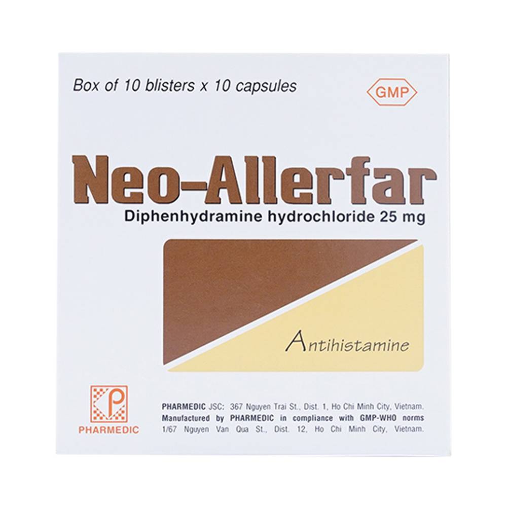 Viên nang cứng Neo-Allerfar 25mg Pharmedic giảm triệu chứng dị ứng mũi, viêm da dị ứng (10 vỉ x 10 viên)