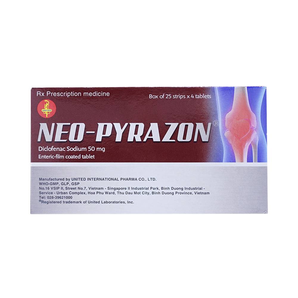 Thuốc Neo-Pyrazon 50mg United giảm đau, hạ sốt và kháng viêm (25 vỉ x 4 viên)