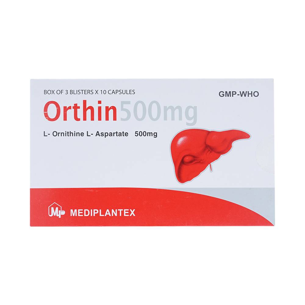 Viên nang cứng Orthin 500mg Mediplantex điều trị hội chứng tăng amoniac (3 vỉ x 10 viên)