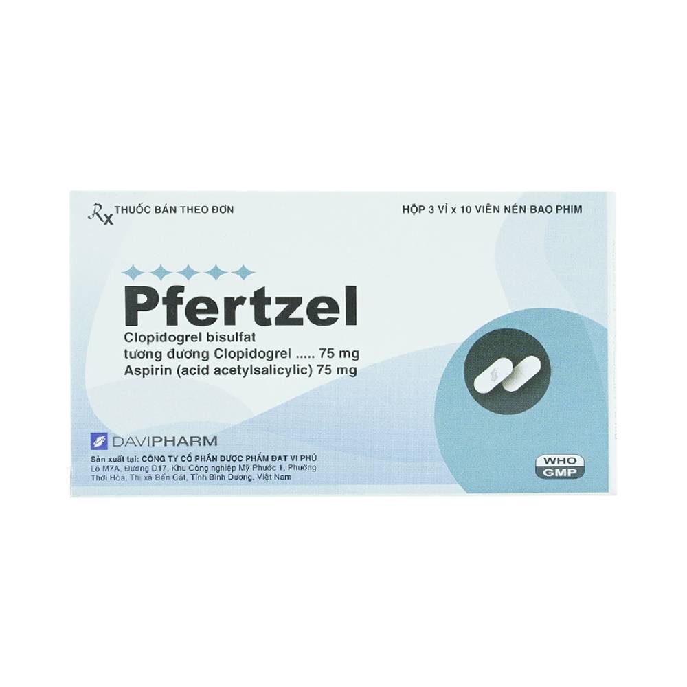 Viên nén Pfertzel 75mg/75mg DaViPharm dự phòng nghẽn mạch huyết khối, điều trị nhồi máu cơ tim (3 vỉ x 10 viên)