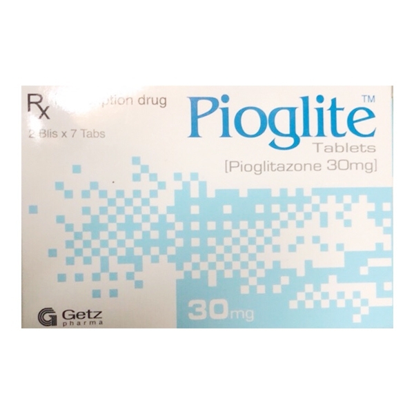 Viên nén Pioglite 30mg Getz hỗ trợ chế độ ăn kiêng, kiểm soát đường huyết tuýp 2 (2 vỉ x 7 viên) 