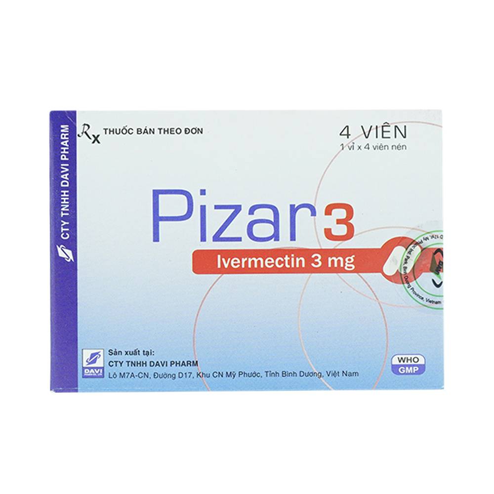 Viên nén Pizar-3 DaViPharm điều trị các bệnh nhiễm trùng do ký sinh trùng, giun chỉ (1 vỉ x 4 viên)	