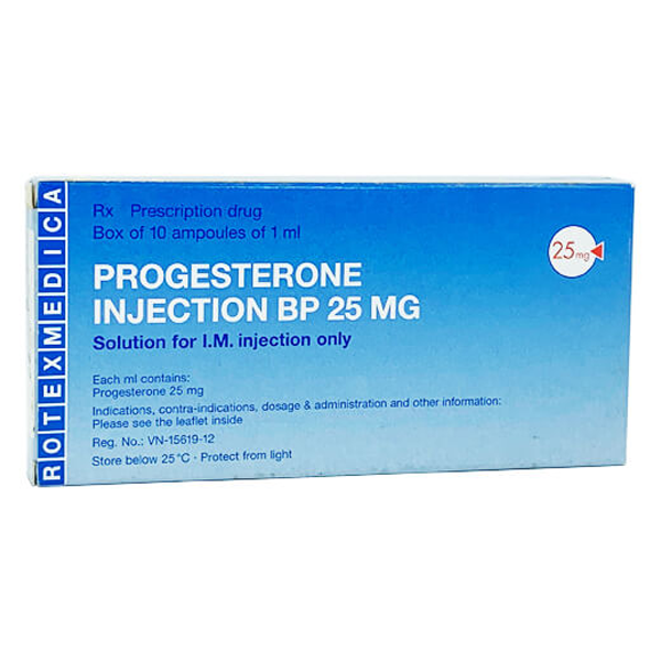 Dung dịch tiêm Progesterone Injection BP 25mg điều trị trong chảy máu do rối loạn chức năng tử cung (10 ống)