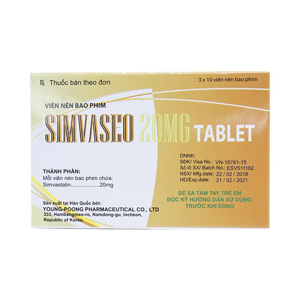 Thuốc Simvaseo 20mg Young Poong giảm nguy cơ nhồi máu cơ tim (3 vỉ x 10 viên) 