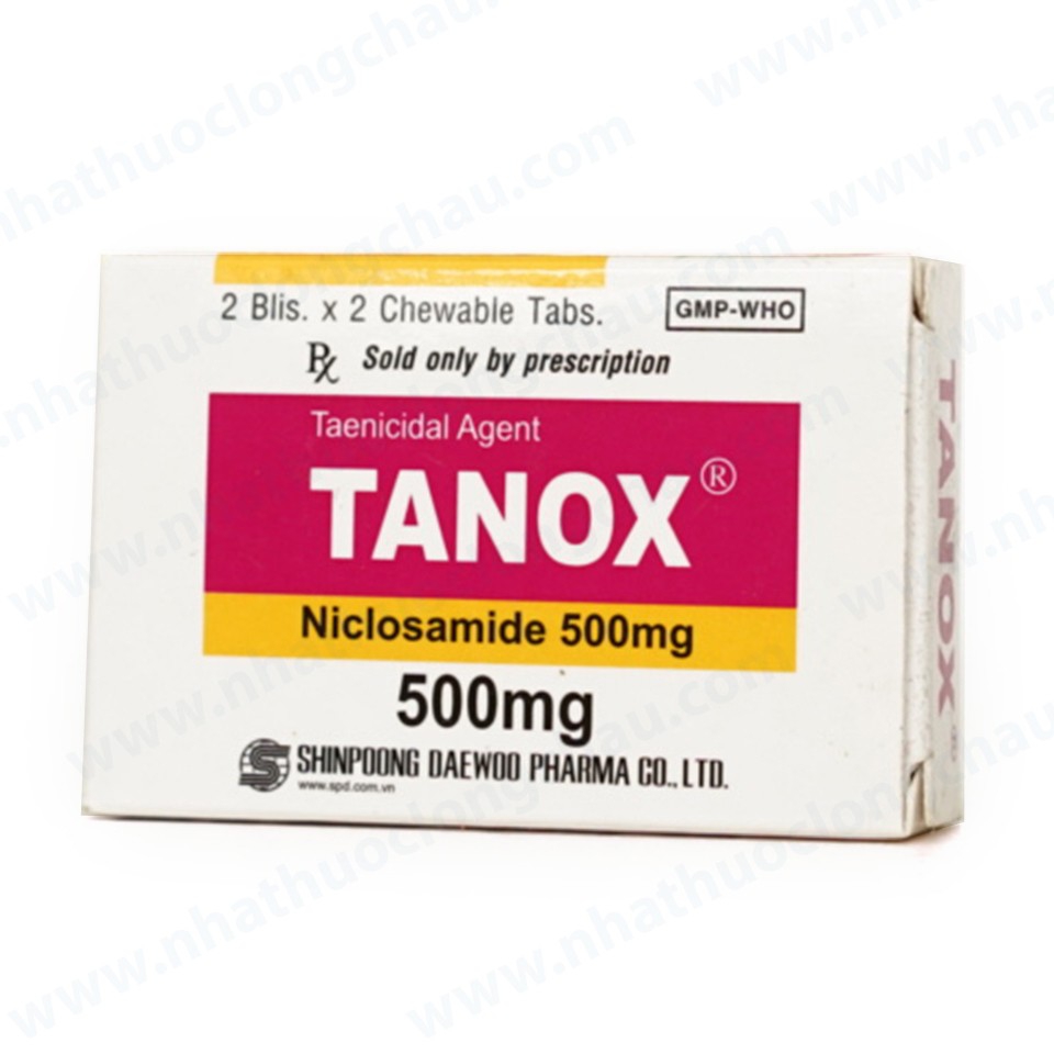 Viên nhai Tanox 500mg Shinpoong Deawoo điều trị nhiễm sán dây lợn (2 vỉ x 2 viên)