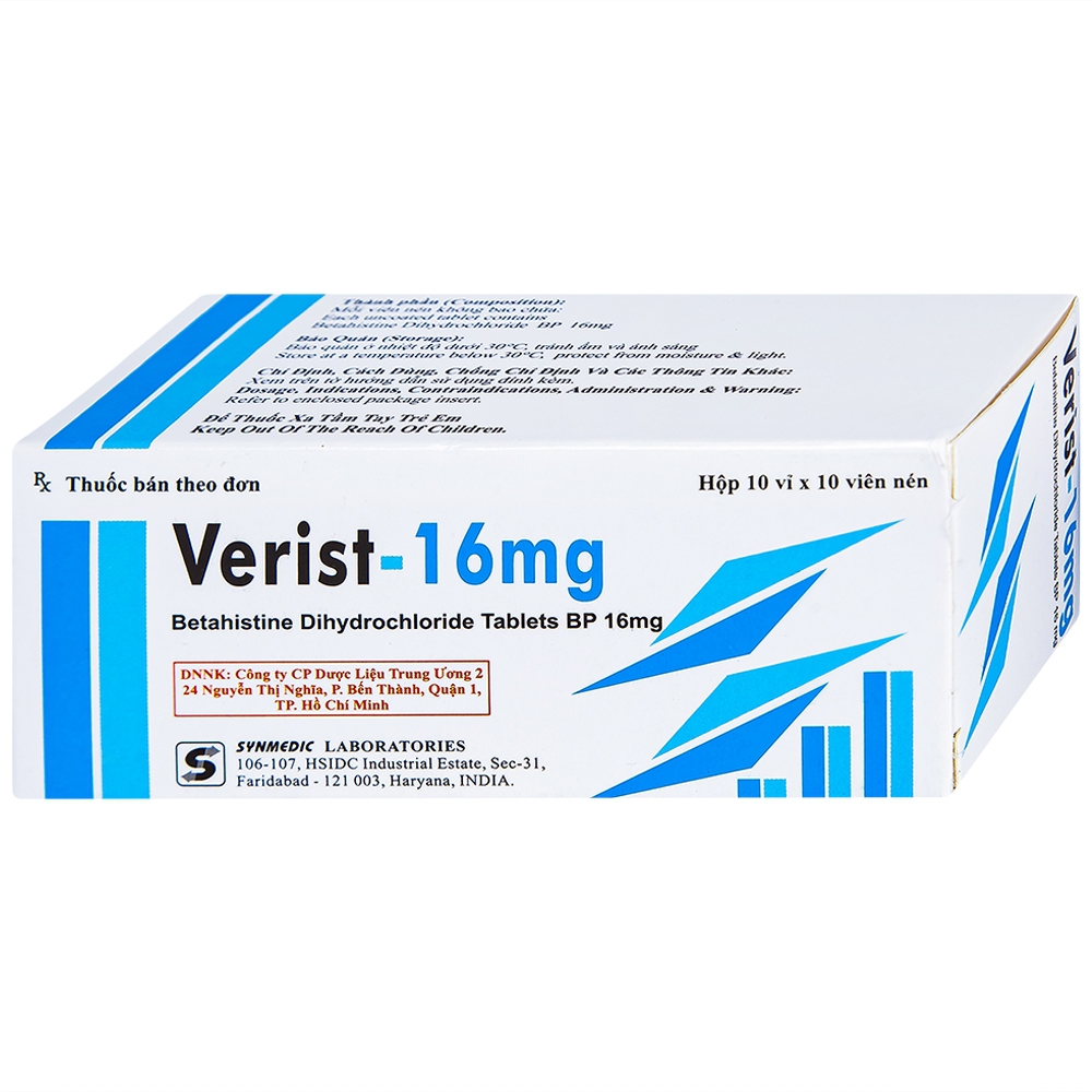 Thuốc Verist-16mg Synmedic điều trị triệu chứng chóng mặt do Meniere (10 vỉ x 10 viên)