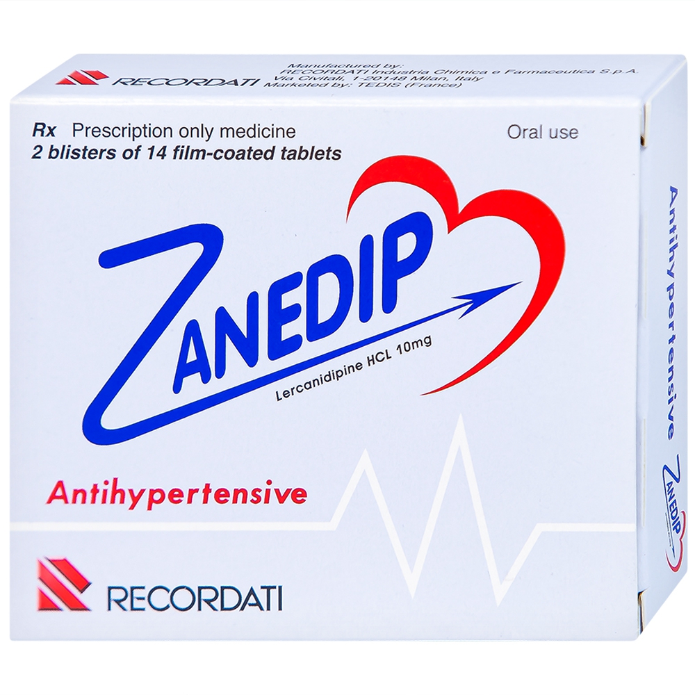 Thuốc Zanedip 10mg Recordati điều trị tăng huyết áp vô căn (2 vỉ x 14 viên)