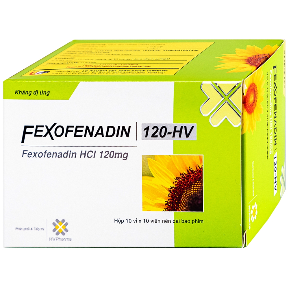 Thuốc Fexofenadin 120-HV USP điều trị viêm mũi dị ứng theo mùa, mày đay mạn tính vô căn (10 vỉ x 10 viên)