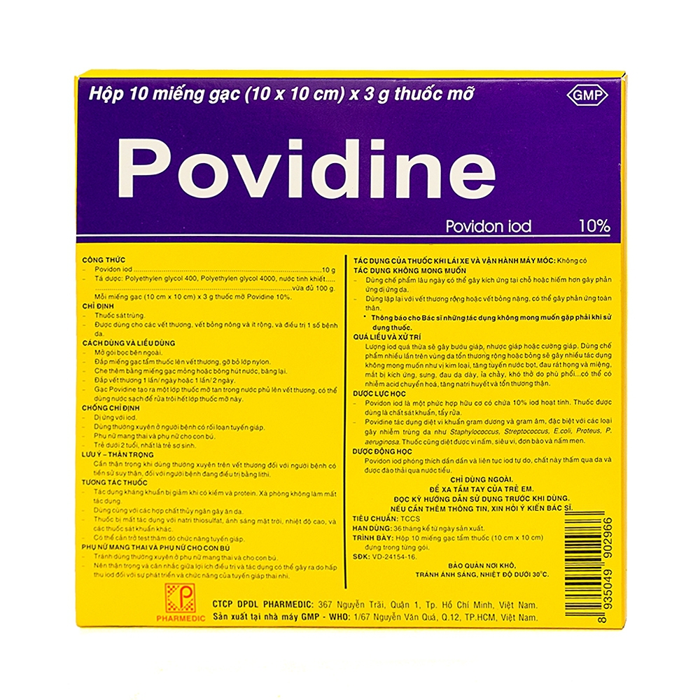 Gạc Povidine Pharmedic sát trùng vết thương, vết bỏng nông và ít rộng (10 miếng x 3g)