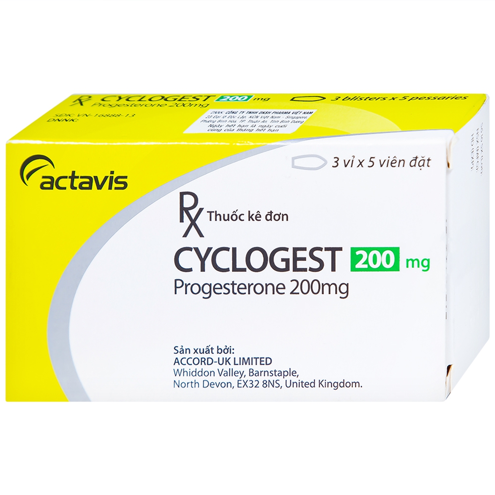 Viên đặt Cyclogest 200mg Actavis điều trị các hội chứng tiền kinh, trầm cảm (3 vỉ x 5 viên)