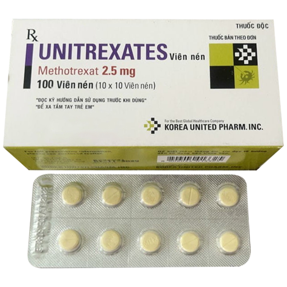 Thuốc Unitrexates 2.5mg United điều trị ung thư lá nuôi, bệnh bạch cầu, viêm khớp dạng thấp (10 vỉ x 10 viên)