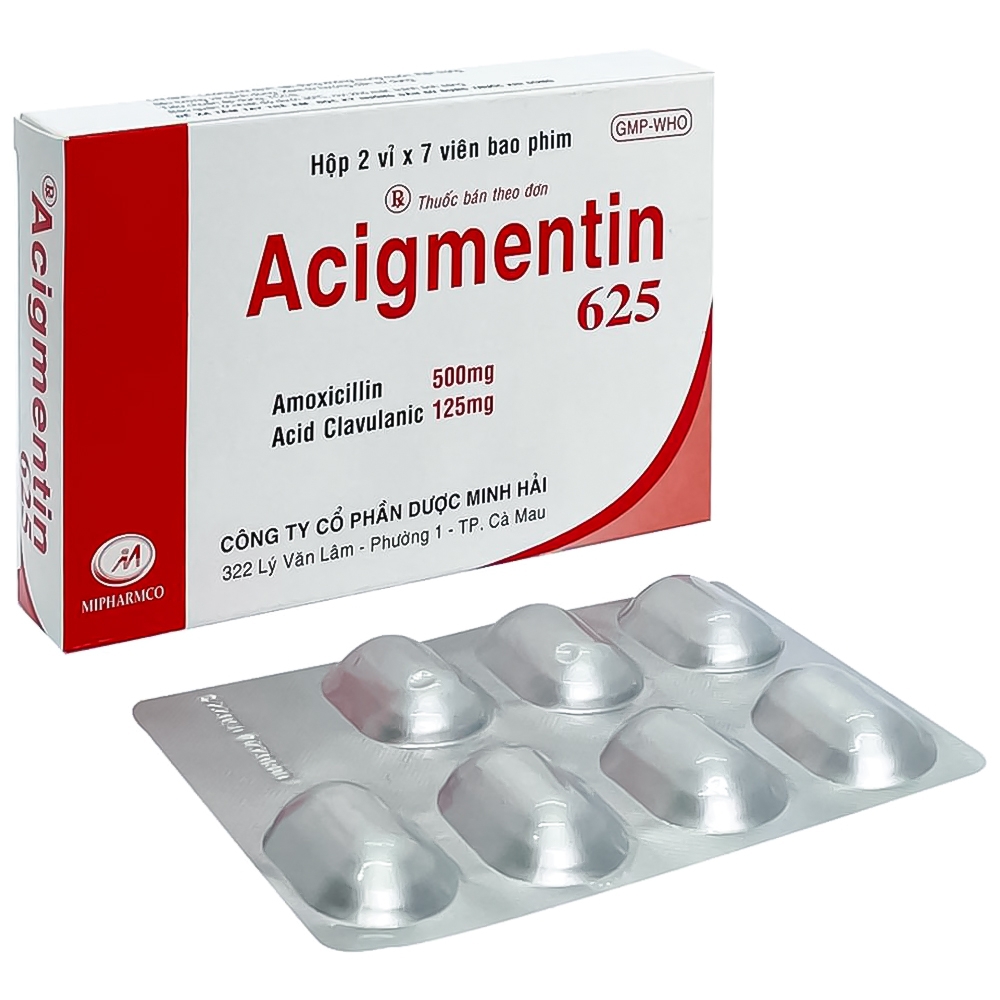 Thuốc Acigmentin 625 Minh Hải điều trị nhiễm khuẩn nặng đường hô hấp trên (2 vỉ x 7 viên)