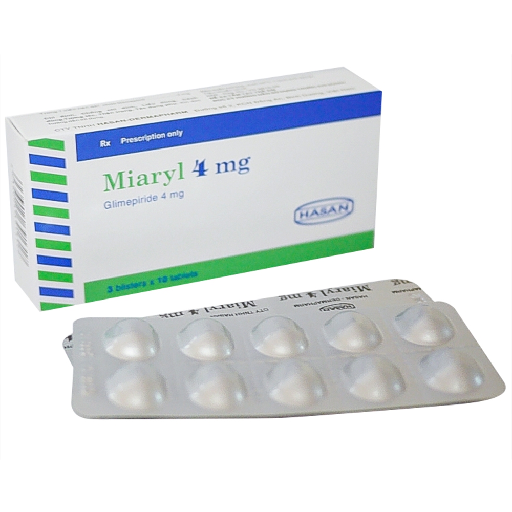 Viên nén Miaryl 4mg Hasan điều trị đái tháo đường tuýp 2 (3 vỉ x 10 viên)