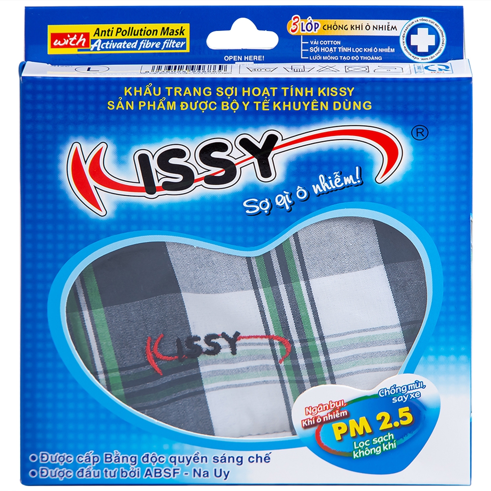 Khẩu trang sợi hoạt tính Kissy size L 3 lớp giúp lọc sạch không khí, ngăn bụi, khí ô nhiễm