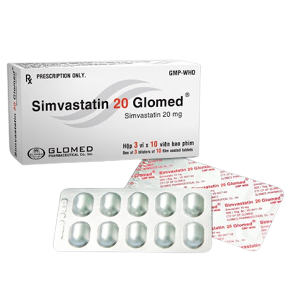 Thuốc Simvastatin 20 Glomed hỗ trợ dinh dưỡng cho người tăng Cholesterol (3 vỉ x 10 viên)