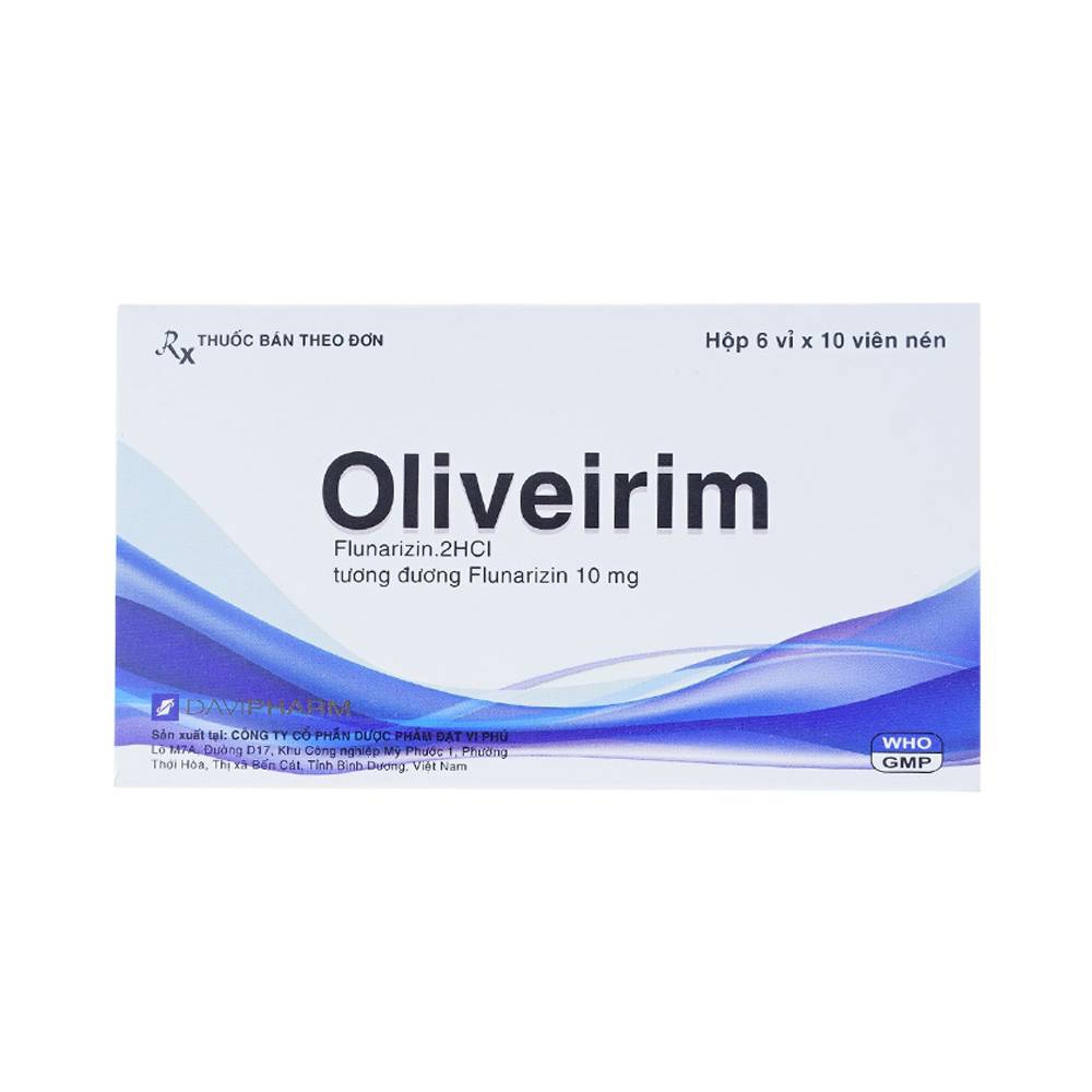 Viên nén Oliveirim 10mg DaViPharm dự phòng đau nửa đầu, điều trị chứng chóng mặt (6 vỉ x 10 viên) 