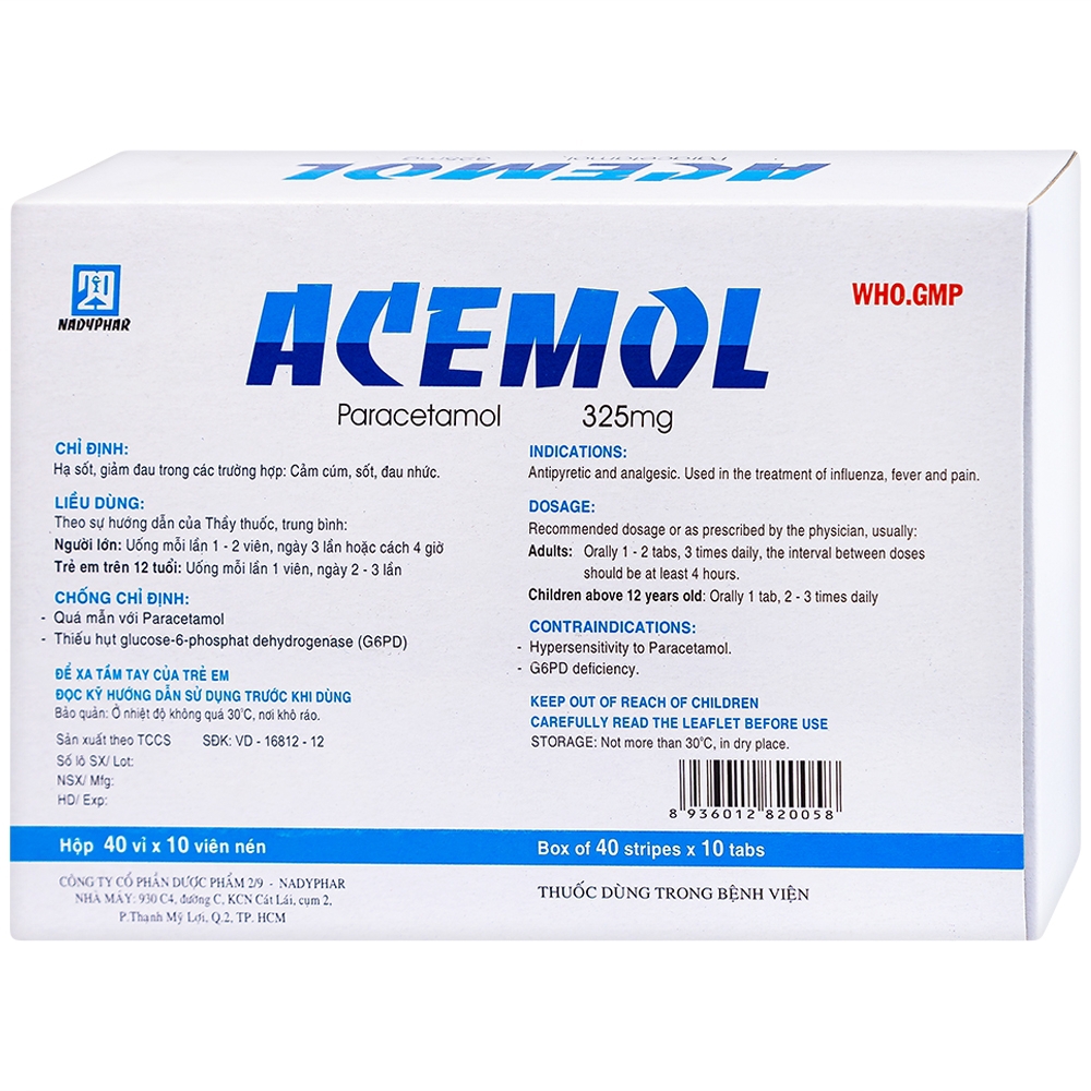 Thuốc Acemol 325mg Nadyphar hạ sốt và giảm đau (40 vỉ x 10 viên)