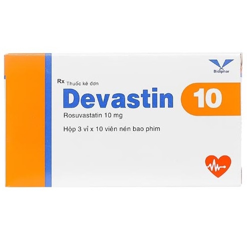 Thuốc Devastin 10 Bidiphar điều trị tăng cholesterol máu nguyên phát, rối loạn lipid máu hỗn hợp (3 vỉ x 10 viên)