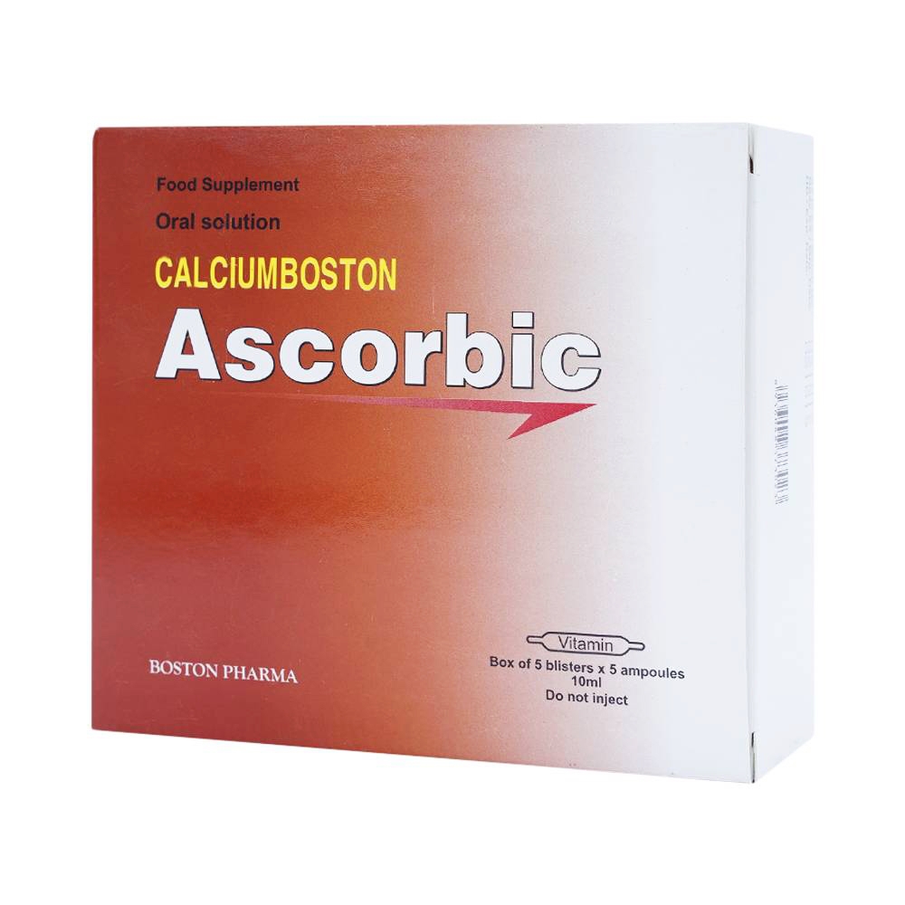 Dung dịch uống Calciumboston Ascorbic Boston Pharma bổ sung Canxi, Vitamin cho cơ thể (5 vỉ x 5 ống x 10ml) 