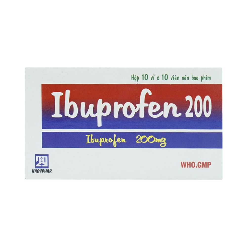 Thuốc Ibuprofen 200 Nadyphar giảm đau, kháng viêm thống kinh, nhức đầu, đau răng, viêm khớp (10 vỉ x 10 viên)