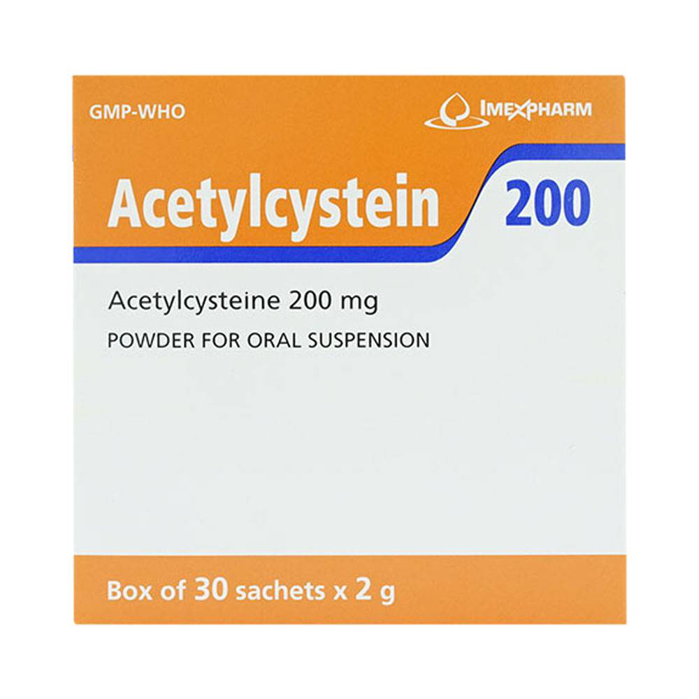 Thuốc bột Acetylcystein 200mg Imexpharm tiêu chất nhầy trong bệnh xơ nang tuyến tụy, viêm phế quản cấp và mạn tính (30 gói x 2g)