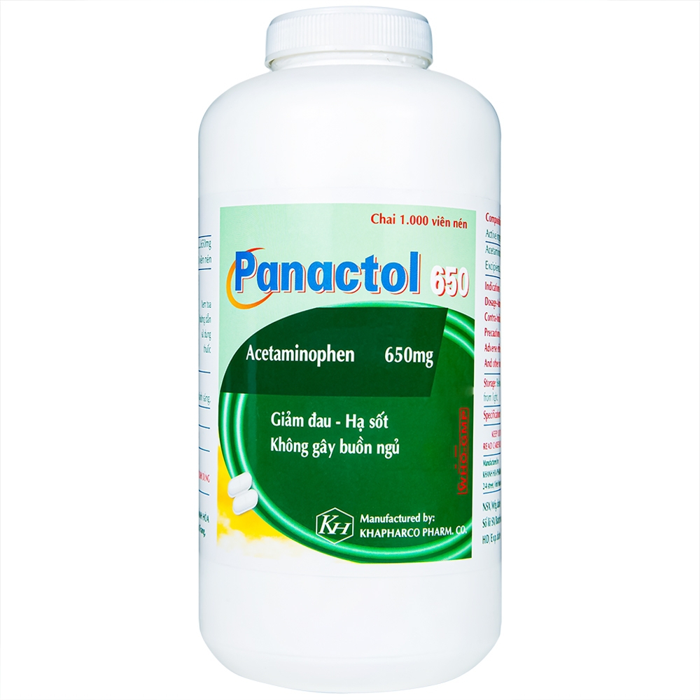 Viên nén Panactol 650mg Khapharco giảm đau, hạ sốt, không gây buồn ngủ (1000 viên)