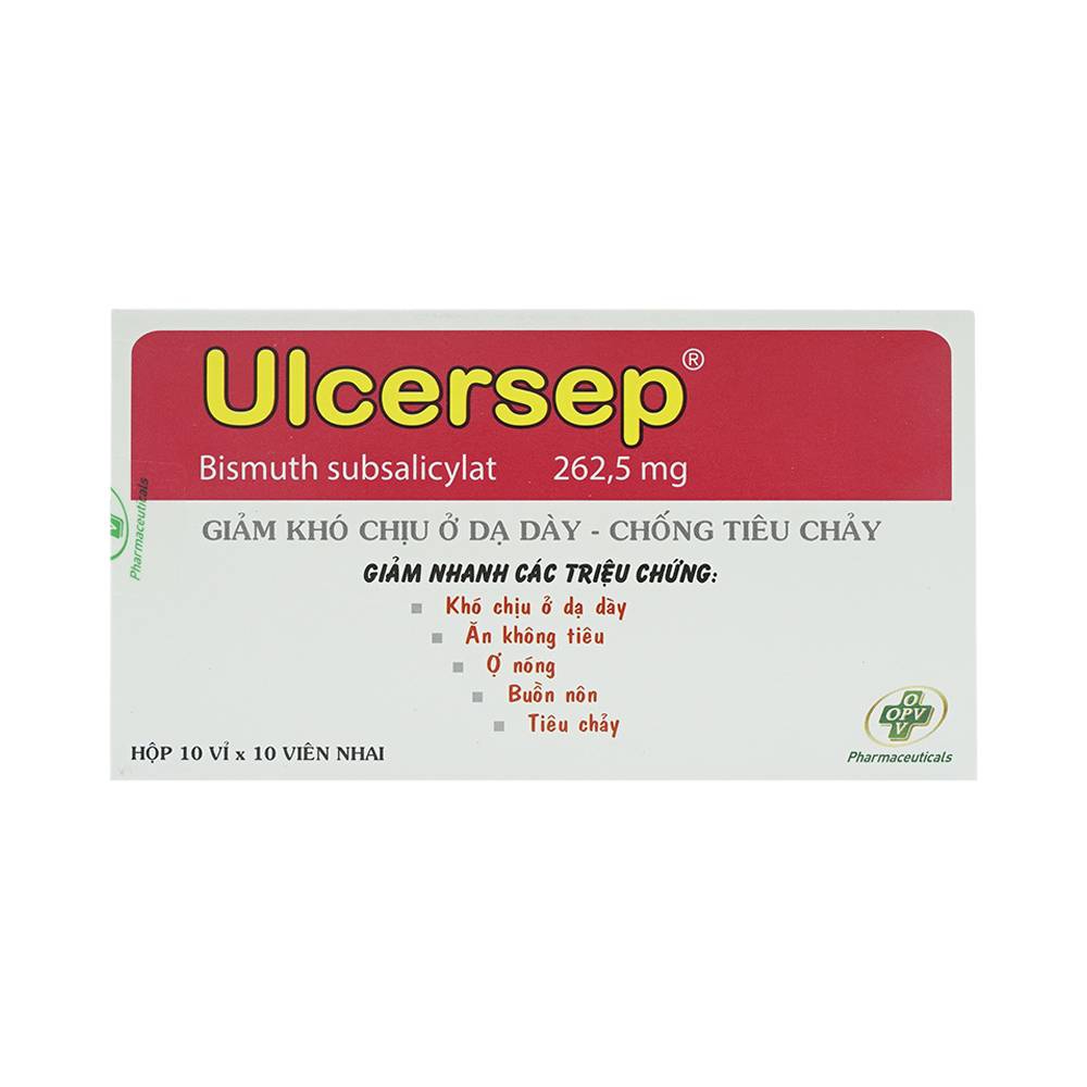 Viên nhai Ulcersep 262.5mg OPV giảm khó chịu ở dạ dày, chống tiêu chảy (10 vỉ x 10 viên)