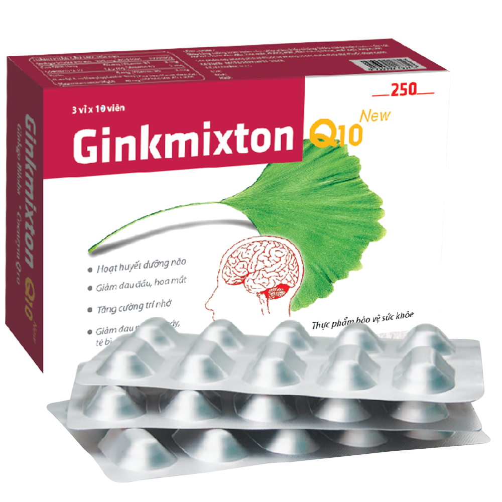 Viên uống Ginkmixton Q10 New hoạt huyết dưỡng não, giảm đau đầu (3 vỉ x 10 viên)