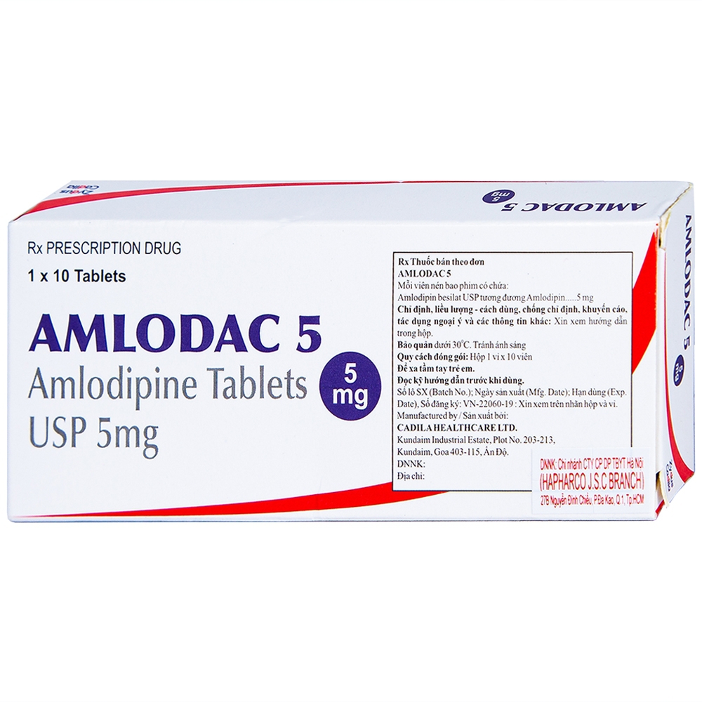 Thuốc Amlodac 5 Cadila điều trị tăng huyết áp, đau thắt ngực (1 vỉ x 10 viên)