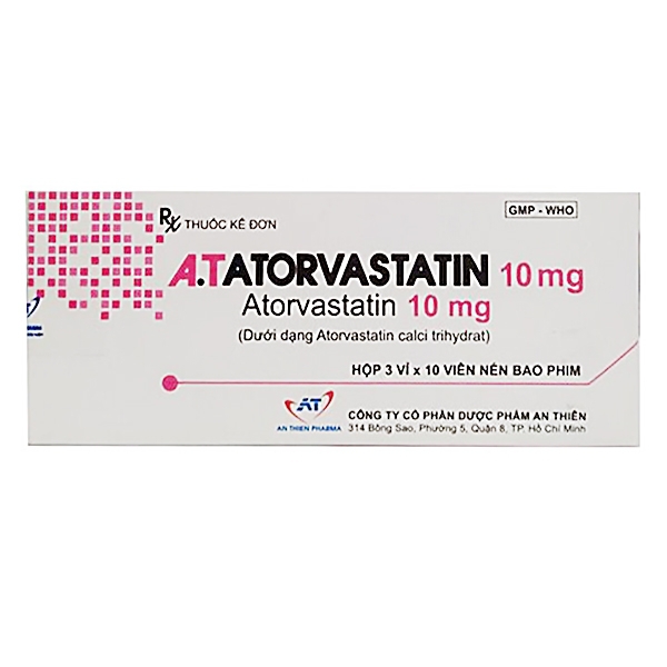 Thuốc A.T Atorvastatin 10mg An Thiên điều trị tăng cholesterol toàn phần, LDL – cholesterol (3 vỉ x 10 viên)