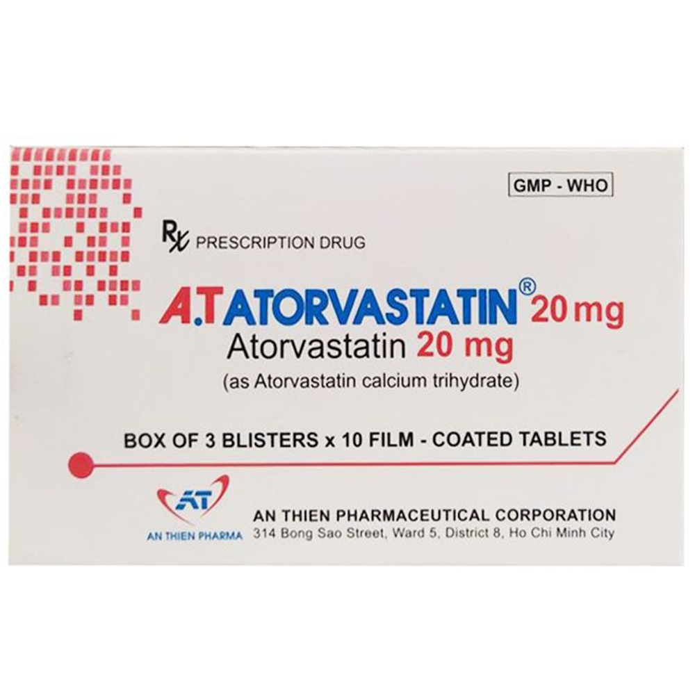 Thuốc A.T Atorvastatin 20mg An Thiên điều trị tăng lipid huyết, phòng ngừa bệnh tim mạch (3 vỉ x 10 viên)