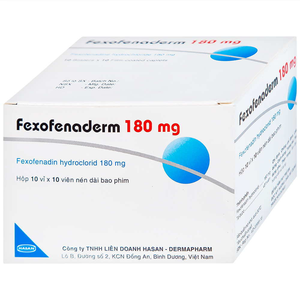 Thuốc Fexofenaderm 180mg Hasan điều trị viêm mũi dị ứng theo mùa, mày đay mạn tính vô căn (10 vỉ x 10 viên)